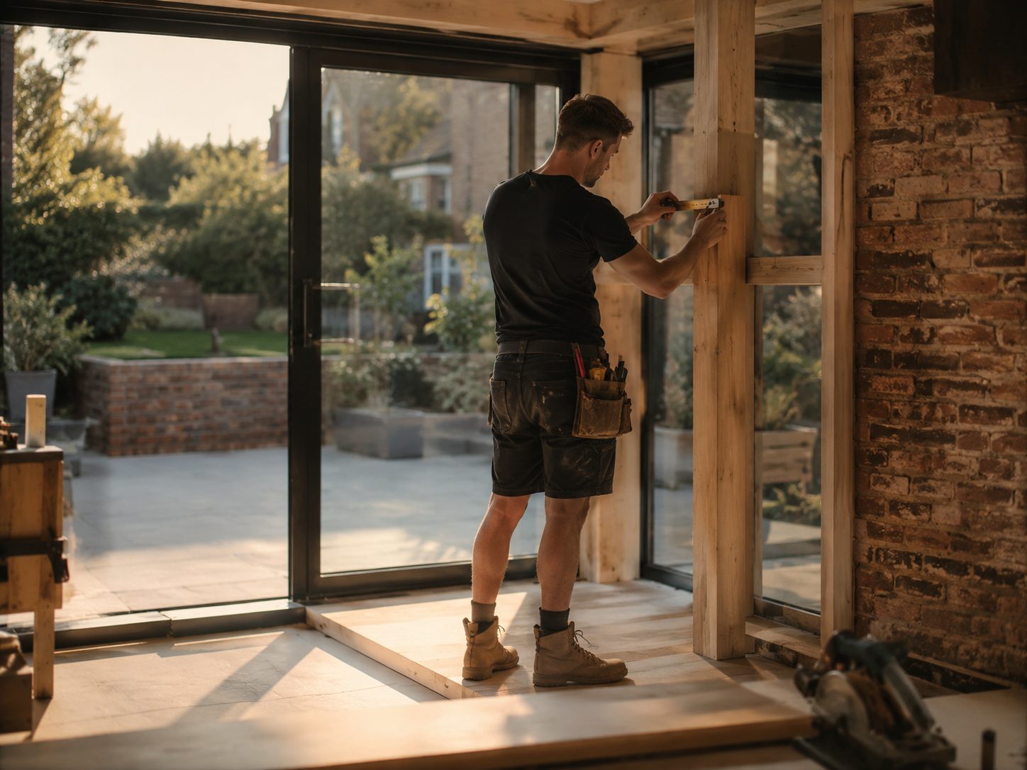 Jenga Joiners joiner levelling timber framing on site in East Kilbride