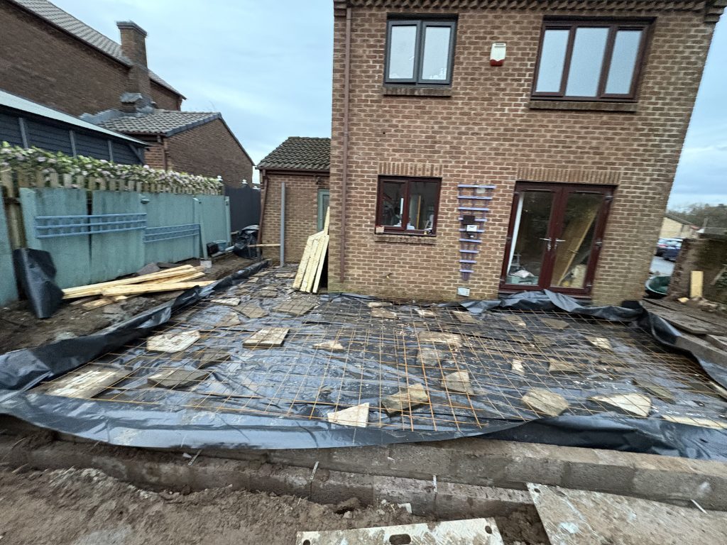Ground floor — membrane and mesh ready for the slab — extensions by Jenga Joiners in East Kilbride