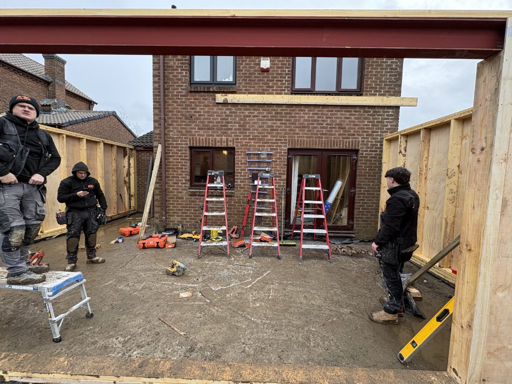 Structure — steel beam and timber frame going up — extensions by Jenga Joiners in East Kilbride
