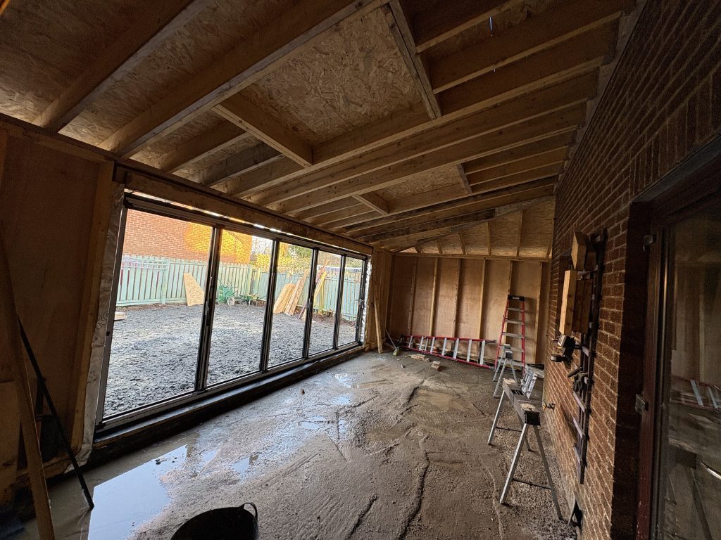 Shell — bifold opening formed, roof structure in — extensions by Jenga Joiners in East Kilbride