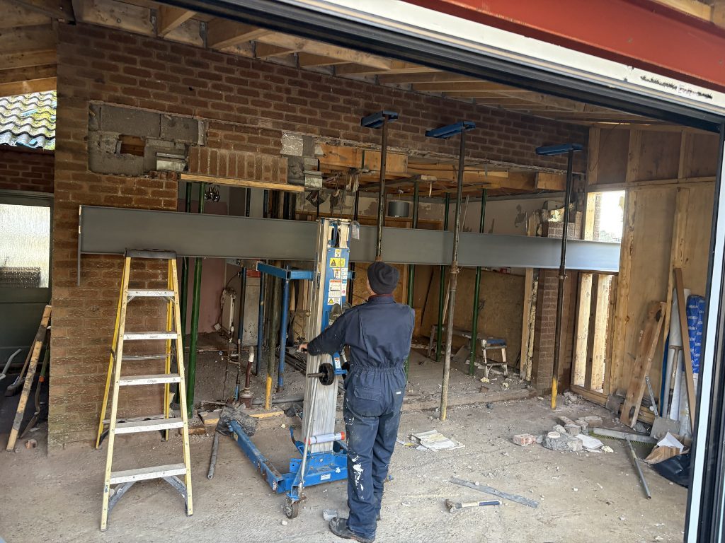 Steelwork — beam installed to carry the new opening — extensions by Jenga Joiners in East Kilbride