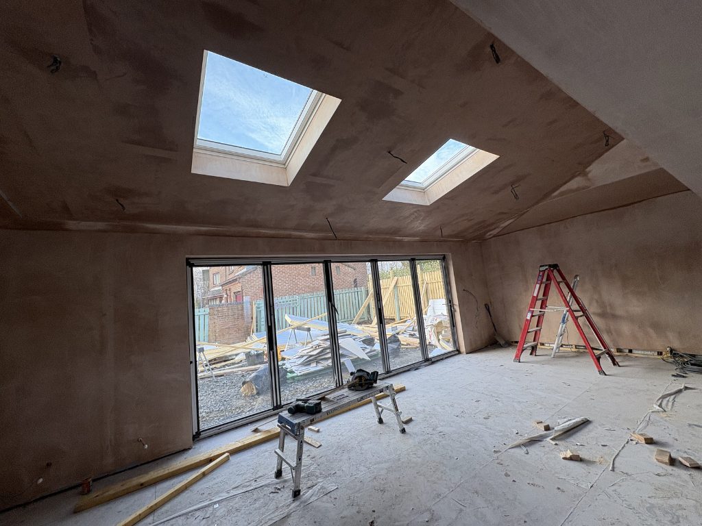 Plastering — skylights and bifolds in, taking shape — extensions by Jenga Joiners in East Kilbride